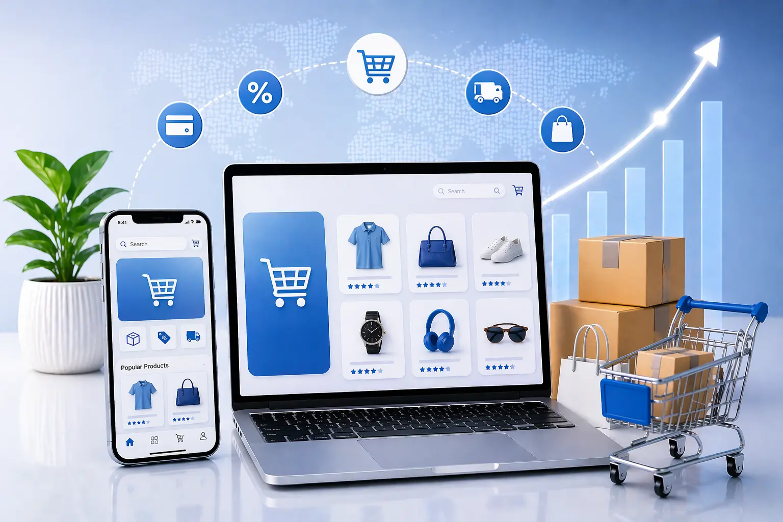 Ecommerce platform with shopping cart and products illustrating online sales increase growth