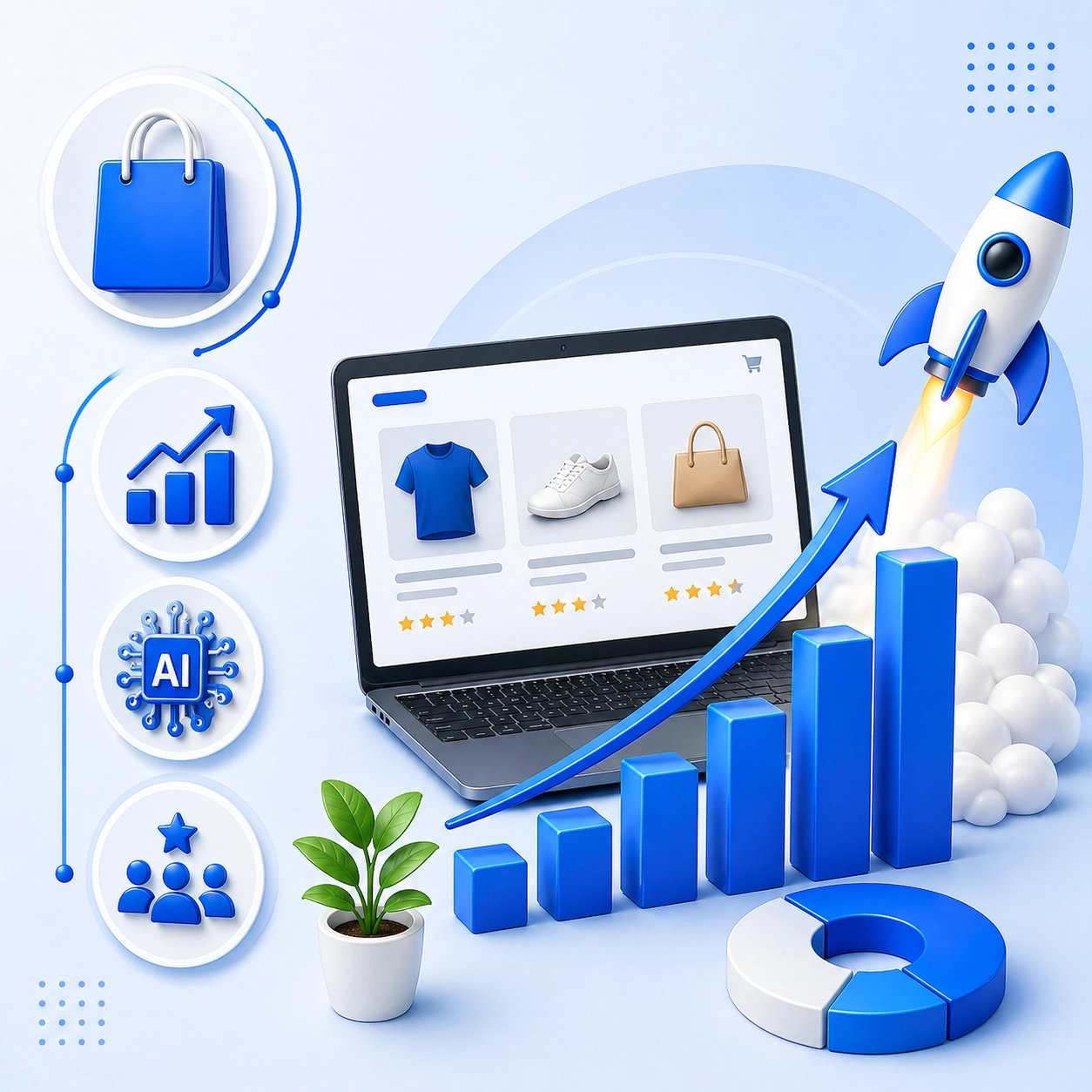 Ecommerce sales growth chart, AI insights, and rising sales graph illustrating data-driven sales growth strategy