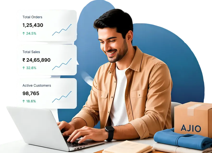 AJIO seller analyzing rising sales, orders, and customer growth with performance dashboard